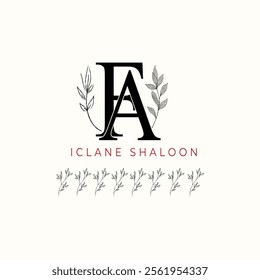 Minimalist FA Monogram with Botanical Illustration.Elegan Initial AF Logo with Floral Element.  Wedding logos, hand drawn elegant, delicate and minimalist,black and white vintage logo for beauty shop.