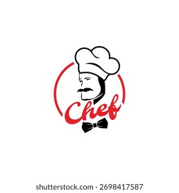 minimalist face of a chef and ribbon element logo design vector with flat style