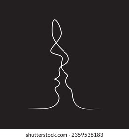 Minimalistische Gesichtskunst von zwei Menschen küssen. Schwarz-Weiß. Schwarzer Hintergrund. Eine Zeichnung.