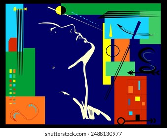 A minimalist face in profile is set against a dark blue background, surrounded by abstract geometric shapes and vibrant colors