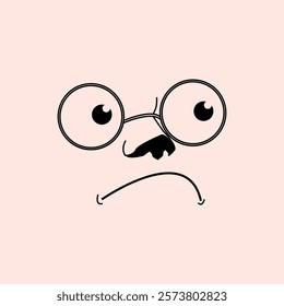 Minimalist face with round glasses, showing a grumpy or annoyed expression. Simple line art on a light background.