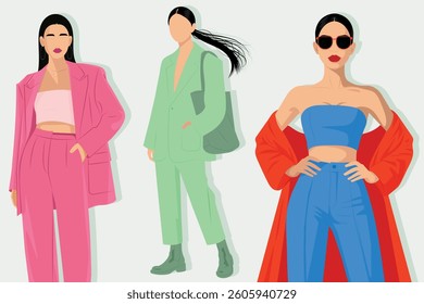 Minimalist faceless fashion illustration set. Stylish women in trendy outfits, ideal for branding, web design and digital content. Vector format for easy customization.