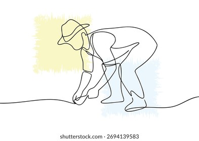 Agricultor minimalista cuidando do solo em arte em linha contínua com detalhes de cores suaves que ilustram o trabalho agrícola e a vida sustentável em um fundo branco brilhante