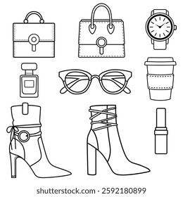 Minimalist Fashion Doodle Clip Art Set – Stylish Hand-Drawn Outline Icons for Creative Projects and Branding.