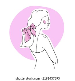 Minimalist fashion illustration woman silhouette, cute pink ribbon hair.
