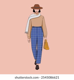 Minimalist fashion illustration of a woman in a stylish outfit, featuring a beige sweater, plaid trousers, white scarf, cap, and orange handbag, on a pink background.  
