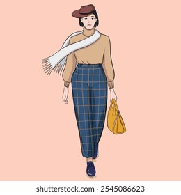 Minimalist fashion illustration of a woman in a stylish outfit, featuring a beige sweater, plaid trousers, white scarf, cap, and orange handbag, on a pink background.  
