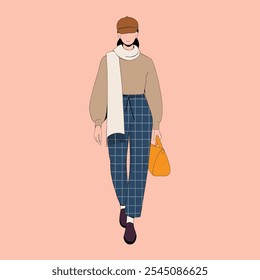 Minimalist fashion illustration of a woman in a stylish outfit, featuring a beige sweater, plaid trousers, white scarf, cap, and orange handbag, on a pink background.  
