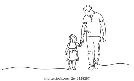 Minimalist father and daughter walking, one line drawing of dad and child holding hands, great for Father's Day templates, website banners, and promotional designs