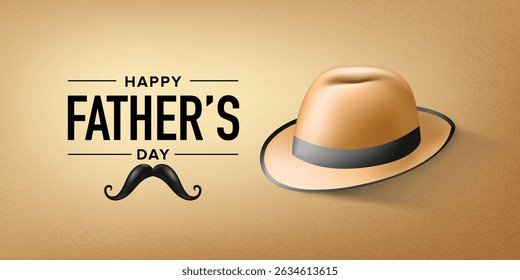 Minimalist Father's Day Greeting Background with Brown Hat and Mustache on Beige Canvas Texture for Card Design and Social Media Post