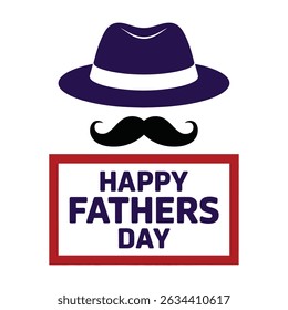 Minimalist Father's Day greeting design with hat, mustache, and bold typography on white background.