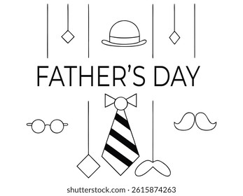 Minimalist Father's Day line art illustration featuring classic gentleman accessories like a hat, tie, glasses, and mustache.  Clean black-and-white design ideal for greeting cards, posters.