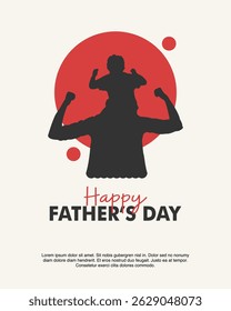 Minimalist Father's Day poster showing dad with child on shoulders in black silhouette and red circle. Perfect for parenting themes and celebration design.