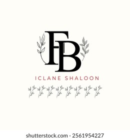 Minimalist FB Monogram with Botanical Illustration.Elegan Initial BF Logo with Floral Element.  Wedding logos, hand drawn elegant, delicate and minimalist,black and white vintage logo for beauty shop.