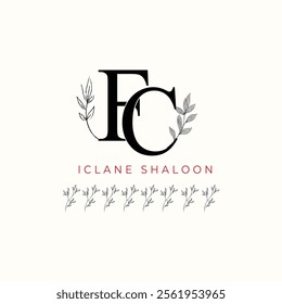 Minimalist FC Monogram with Botanical Illustration.Elegan Initial CF Logo with Floral Element.  Wedding logos, hand drawn elegant, delicate and minimalist,black and white vintage logo for beauty shop.