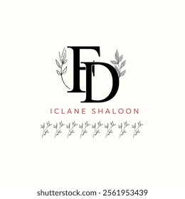 Minimalist FD Monogram with Botanical Illustration.Elegan Initial DF Logo with Floral Element.  Wedding logos, hand drawn elegant, delicate and minimalist,black and white vintage logo for beauty shop.