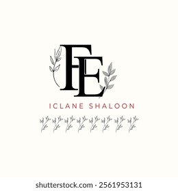 Minimalist FE Monogram with Botanical Illustration.Elegan Initial EF Logo with Floral Element.  Wedding logos, hand drawn elegant, delicate and minimalist,black and white vintage logo for beauty shop.