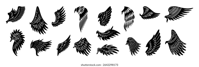 Minimalist feathers, isolated set of silhouette of bird or angel wings. Vector in flat style, decoration for banners of labels, tattoos. Vintage or retro emblem decor, minimalist symbol of freedom