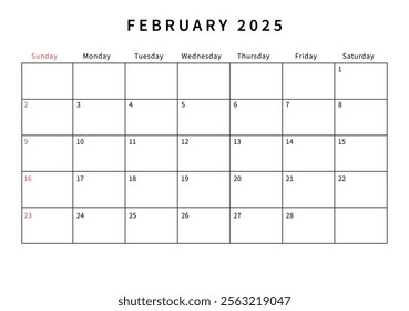 Minimalist February 2025 calendar design vector illustration. Perfect for planners, organizers, or scheduling purposes.