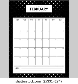 Minimalist February 2025 Calendar Month. Elegant Black and White Dotted Background month by month planner with writing space for organization. Part of a monthly year set.