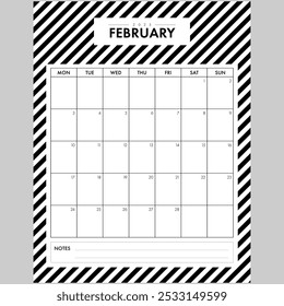 Minimalist February 2025 Calendar Month. Elegant Black and White Stripped Background month by month planner with writing space for organization. Part of a monthly year set.