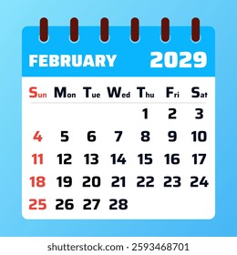 Minimalist February 2029 calendar with a stylish layout. Perfect for tracking dates, setting reminders, and managing personal schedules