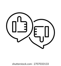 Icono de Comentarios minimalista con pulgares hacia arriba y pulgares hacia abajo dentro de las burbujas de chat. Estilo de contorno. Aislado sobre fondo blanco.