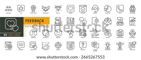 Minimalist Feedback line icons set with editable stroke, featuring five stars, like, award place, handshake, quality, negative, reliability, comment, statistics, target, cal. thin linear illustration.
