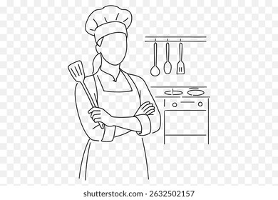  Minimalista Feminino Chef Line Art - Cozinheiro Sem Rosto com Espátula na Cozinha