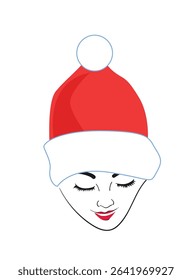 Minimalist female face wearing a red Christmas hat with white fur trim and pom-pom. Eyes closed, gentle smile. Black and white vector illustration with a touch of red.