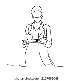 Minimalist female medical worker. Beautiful young lady doctor with stethoscope and apron in standing position continuous one line vector illustration