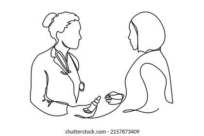 Minimalist female medical worker giving cure treatment to woman patient continuous line vector