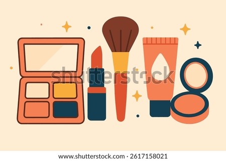 A minimalist and feminine design featuring a flat illustration of various makeup items, including an eyeshadow palette, lipstick, brush, cream tube, and blush, all surrounded by tiny decorative stars