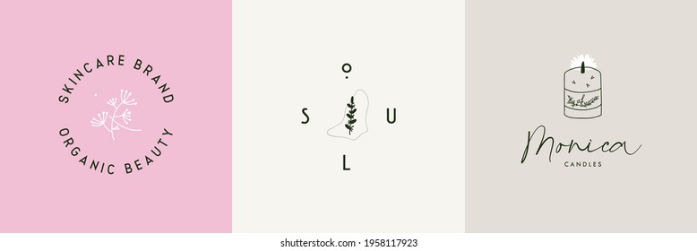 Minimalist feminine logo set with botanical floral elements. Template for florist, jewellery, organic cosmetics, photography, boutique, wedding, spa. Graphic design and illustration. Editable