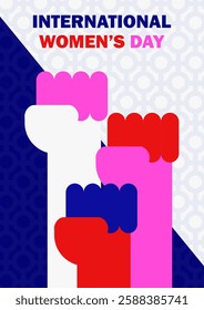 Minimalist feminist poster with raised fists in red, pink, blue, white, symbolizing unity and fight for for human rights. International Women's Day card with geometric female gender symbol background