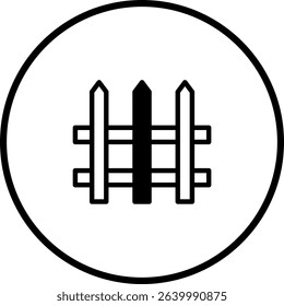 Minimalist fence icon design featuring rustic picket fence in round frame isolated