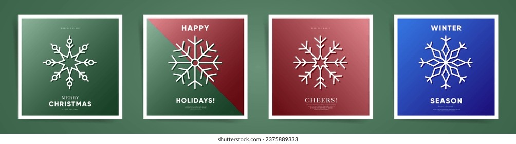 Minimalist Festive Greeting Cards Design. A Radiant Green Blue Red Christmas Post Templates with Vintage Elegant White Snowflake.