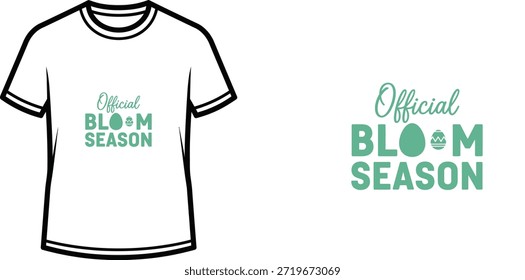 A minimalist and festive t-shirt design for spring and Easter. The design features the text "Official BLOOM SEASON" in a mix of script and bold fonts, incorporating an Easter egg graphic, ideal for print-on-demand products.