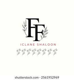 Minimalist FF Monogram with Botanical Illustration.Elegan Initial FF Logo with Floral Element.  Wedding logos, hand drawn elegant, delicate and minimalist,black and white vintage logo for beauty shop.