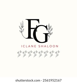 Minimalist FG Monogram with Botanical Illustration.Elegan Initial GF Logo with Floral Element.  Wedding logos, hand drawn elegant, delicate and minimalist,black and white vintage logo for beauty shop.