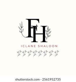 Minimalist FH Monogram with Botanical Illustration.Elegan Initial HF Logo with Floral Element.  Wedding logos, hand drawn elegant, delicate and minimalist,black and white vintage logo for beauty shop.