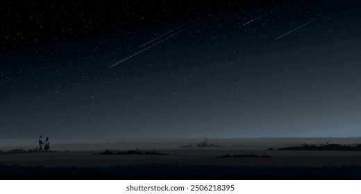 Minimalist field landscape at night with silhouetted couple of lover have meteor and night sky with a lot of stars background graphic illustration.