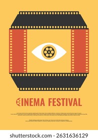 Minimalist film festival poster design with an eye in filmstrip frame. Cinema flyer in retro style. Vector illustration