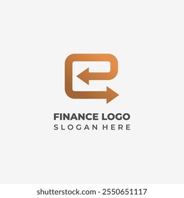 Logotipo minimalista de la compañía financiera Letra e y 2 flechas hacia adelante y hacia atrás