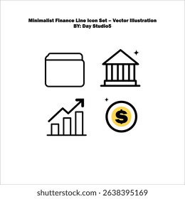 Minimalist finance icon set: wallet, bank, chart, and coin. Ideal for apps, dashboards, and UI design. Vector, clean style, scalable and editable.