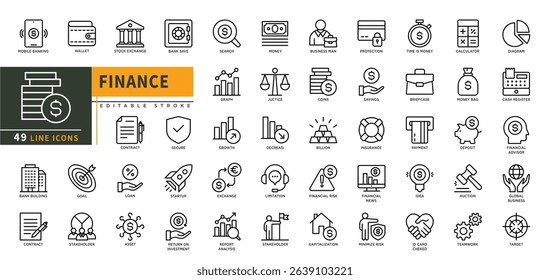 Minimalist Finance line icons set with editable stroke, featuring mobile banking, wallet, stock exchange, bank save, money, business man, target, deposit, auction, idea. thin linear illustration.	

