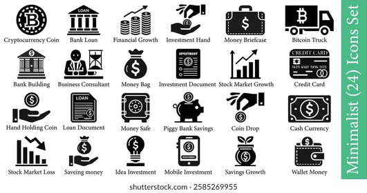 
Minimalist financial icon set featuring banking, investment, and cryptocurrency symbols. Perfect for websites, apps, and print. Fully scalable and customizable in any format