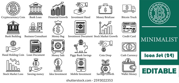 Minimalist financial icon set featuring banking, investment, and cryptocurrency symbols. Perfect for websites, apps, and print. Fully scalable and customizable in “"SVG" format