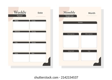 Minimalist Financial planner Monthly, weekly, budget. Organizer page, diary and  control book. Pages templates collection set of vector.
