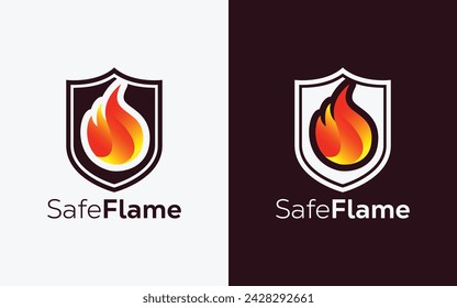 Minimalist Fire Flame and shield vector logo. Modern colorful Fire Flame and shield vector logo. Safe fire, Crest and ingle logo